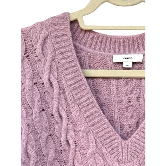 VINCE Alpaca Cable Knit V-Neck Sweater L Rose Lilac Pink SOFT msrp $395 Cozy - Picture 6 of 9